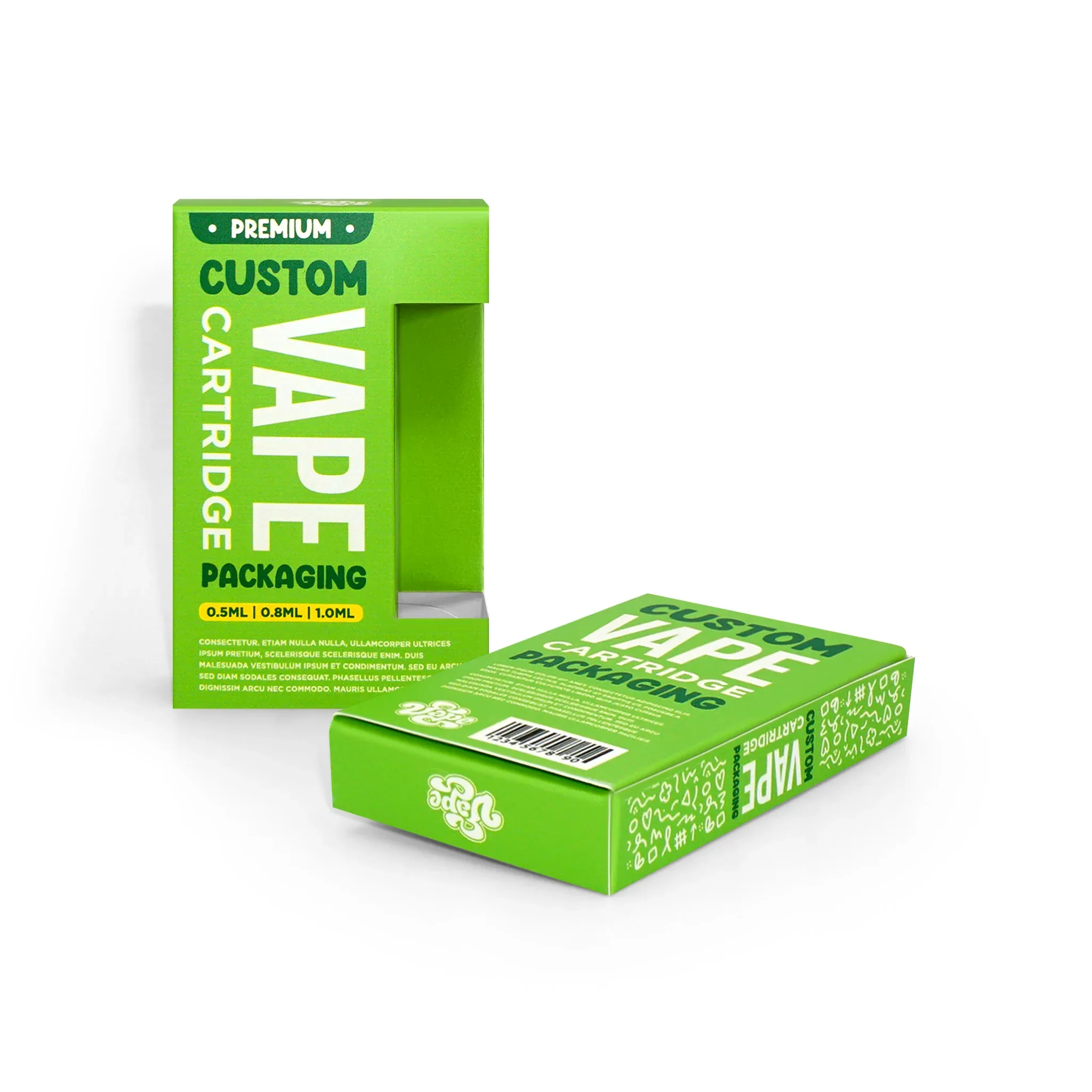 Custom vape cartridge box with distinctive corner window, showcasing the product while maintaining a sleek, branded exterior.