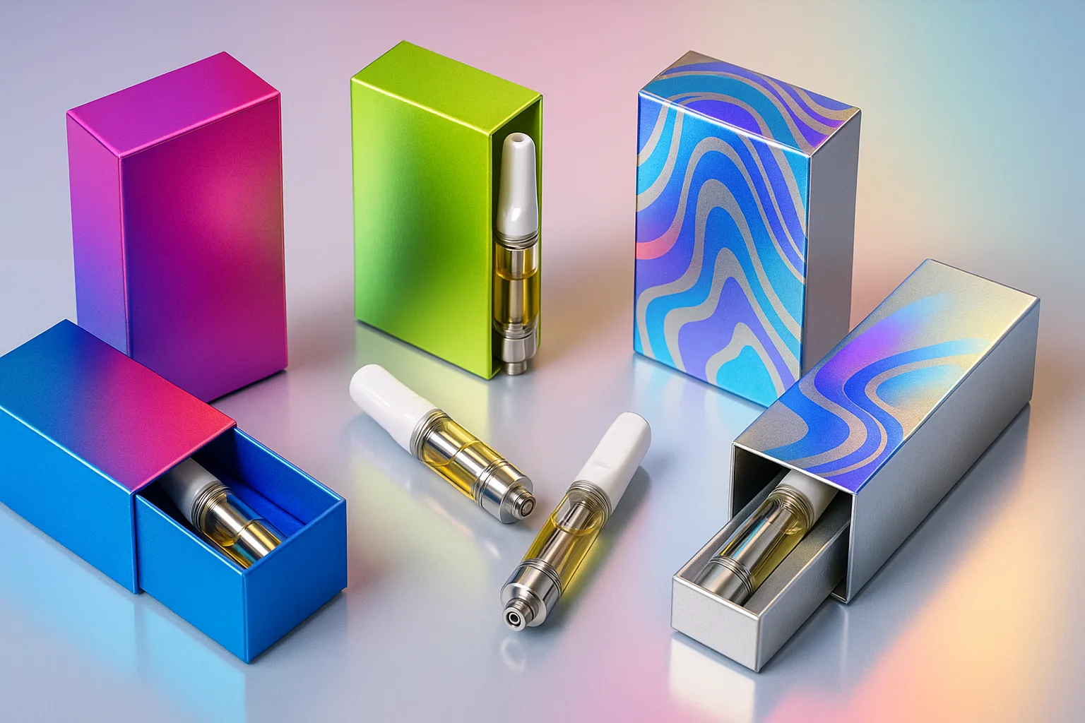 Sleek metallic silver vape cartridge packaging with a reflective finish and embossed logo for a modern, high-tech appearance.