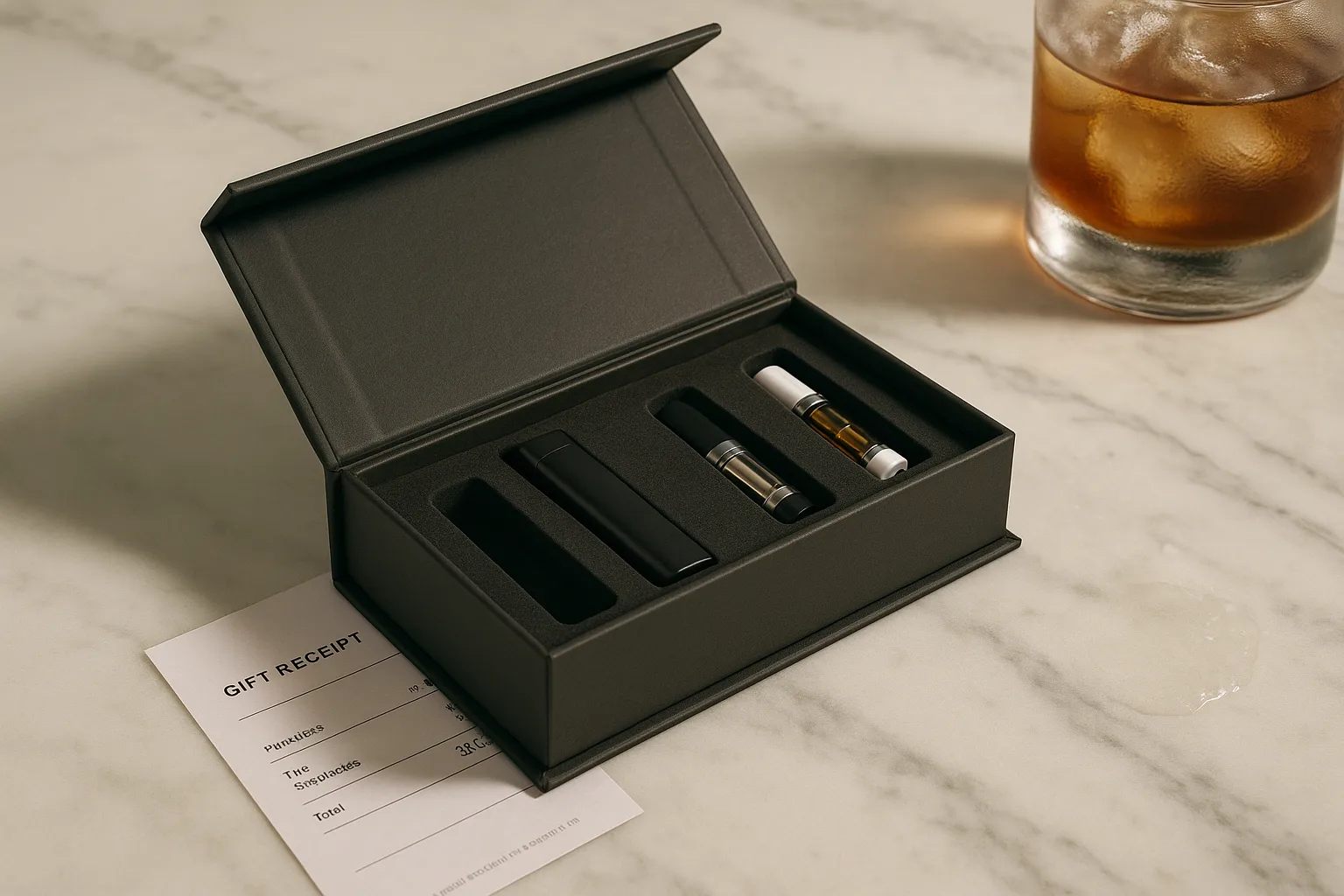 Luxury vape cartridge packaging with velvet interior and gold foil stamping for premium brands.
