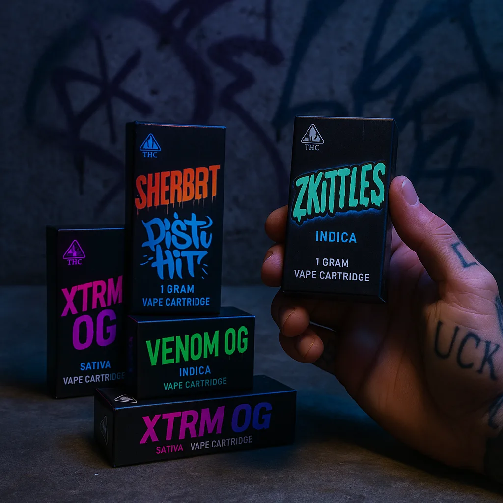 Fully custom printed vape cartridge packaging with vibrant graphics and unique brand-specific design.