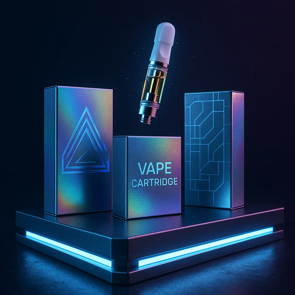 Custom holographic vape cartridge packaging with iridescent rainbow effects that catch the light and enhance brand visibility.
