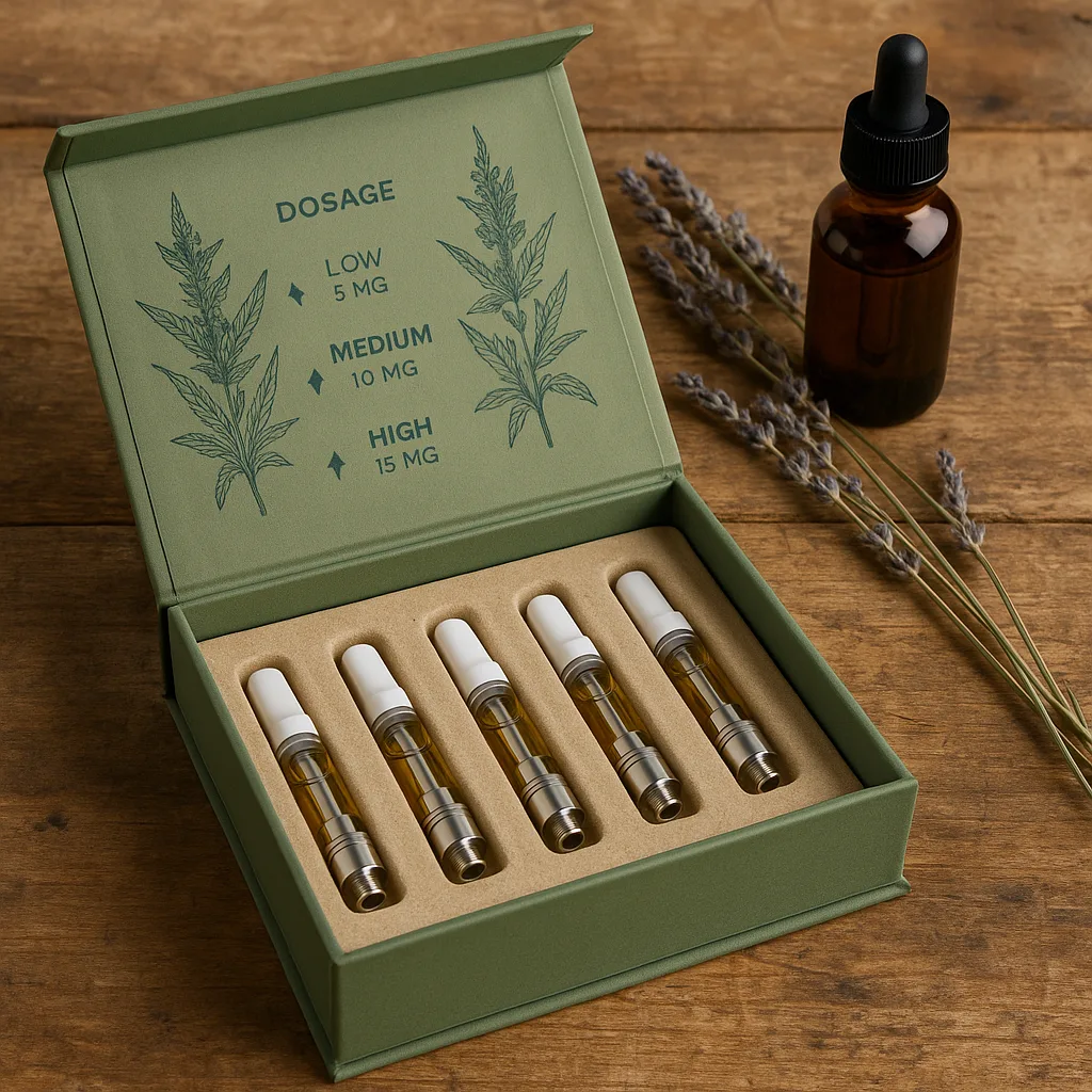 Sustainable eco-friendly rigid box for vape cartridges made from recycled kraft paper and soy-based inks.