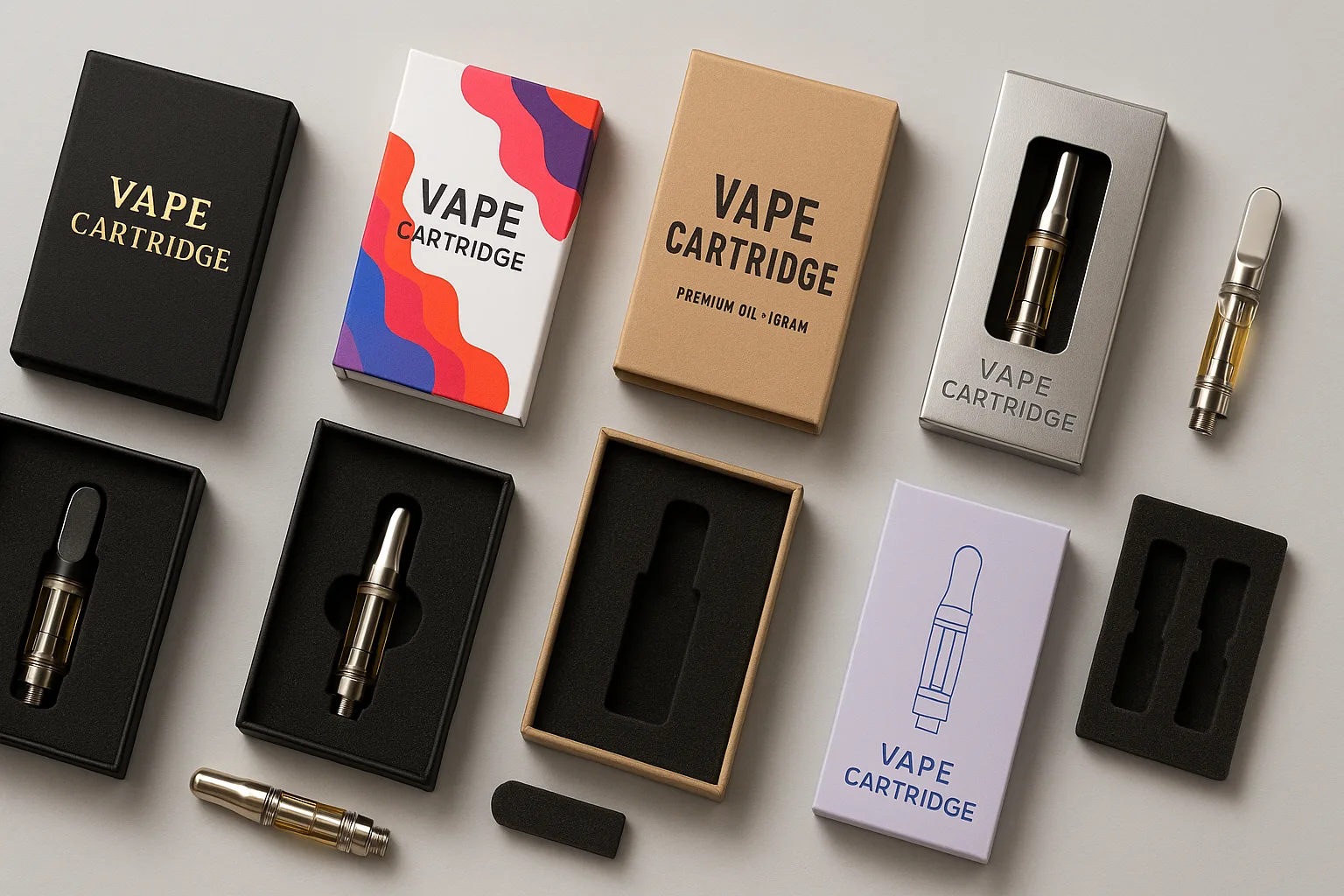 Custom child-resistant vape cartridge packaging with push-turn mechanism for cannabis product safety and compliance.