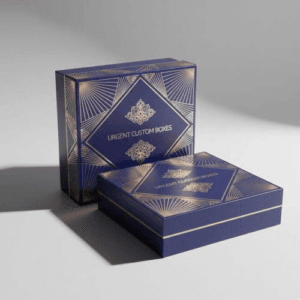 Matte royal blue luxury Vape Cartridge Boxes with Foiling featuring intricate art deco geometric gold foil patterns and customized brand logos.
