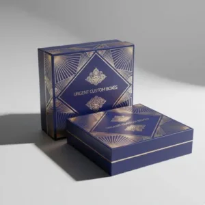 Matte royal blue luxury Vape Cartridge Boxes with Foiling featuring intricate art deco geometric gold foil patterns and customized brand logos.