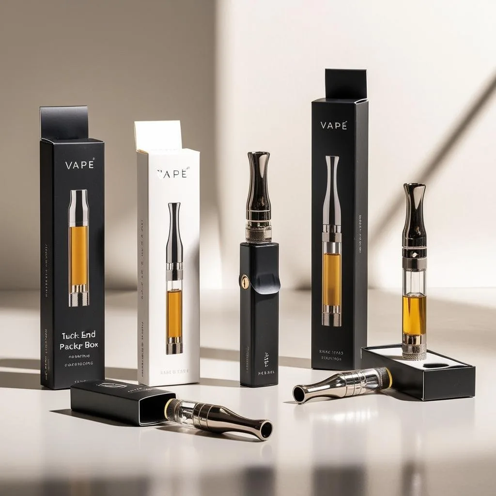 Comparison chart of vape cartridge packaging materials, highlighting the differences between rigid boxes, kraft paper, and cardboard sleeves.