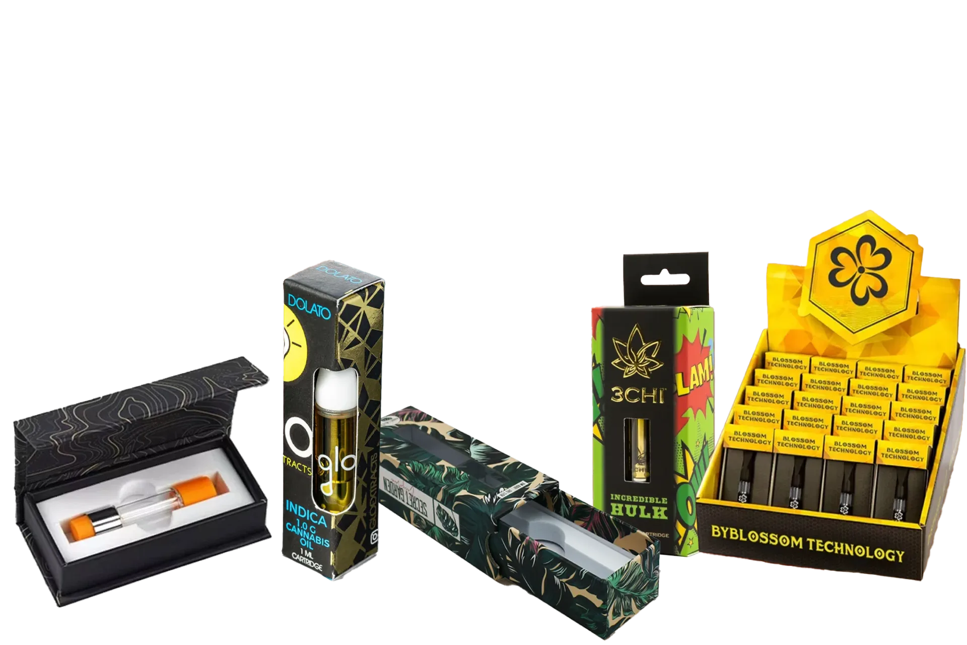 A collection of custom vape cartridge boxes including a rigid box, corner window box, drawer box, hang tab box, and counter display box arranged together.