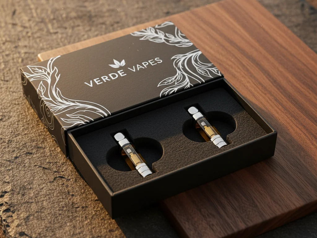 A child-resistant (CR) push-and-turn cap on a custom printed vape cartridge tube, demonstrating compliant and secure packaging solutions.