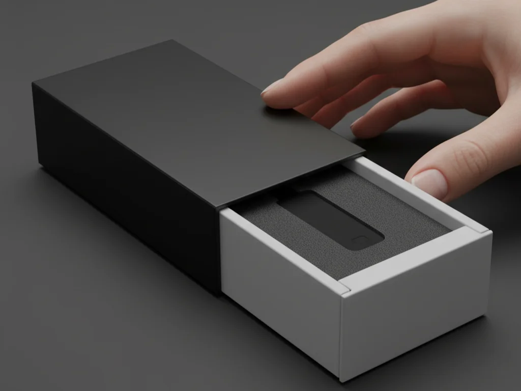 Sleek sleeve-style vape cartridge package being unboxed, showing the premium sliding mechanism.