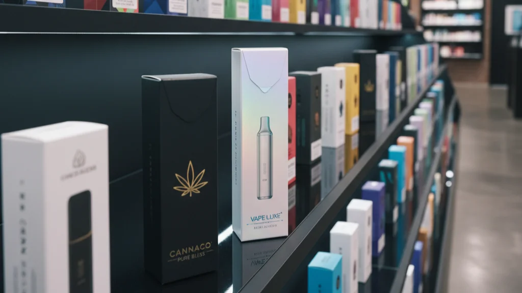 Dynamic retail shelf display with tuck-end and sleeve-style vape cartridge boxes competing for attention.