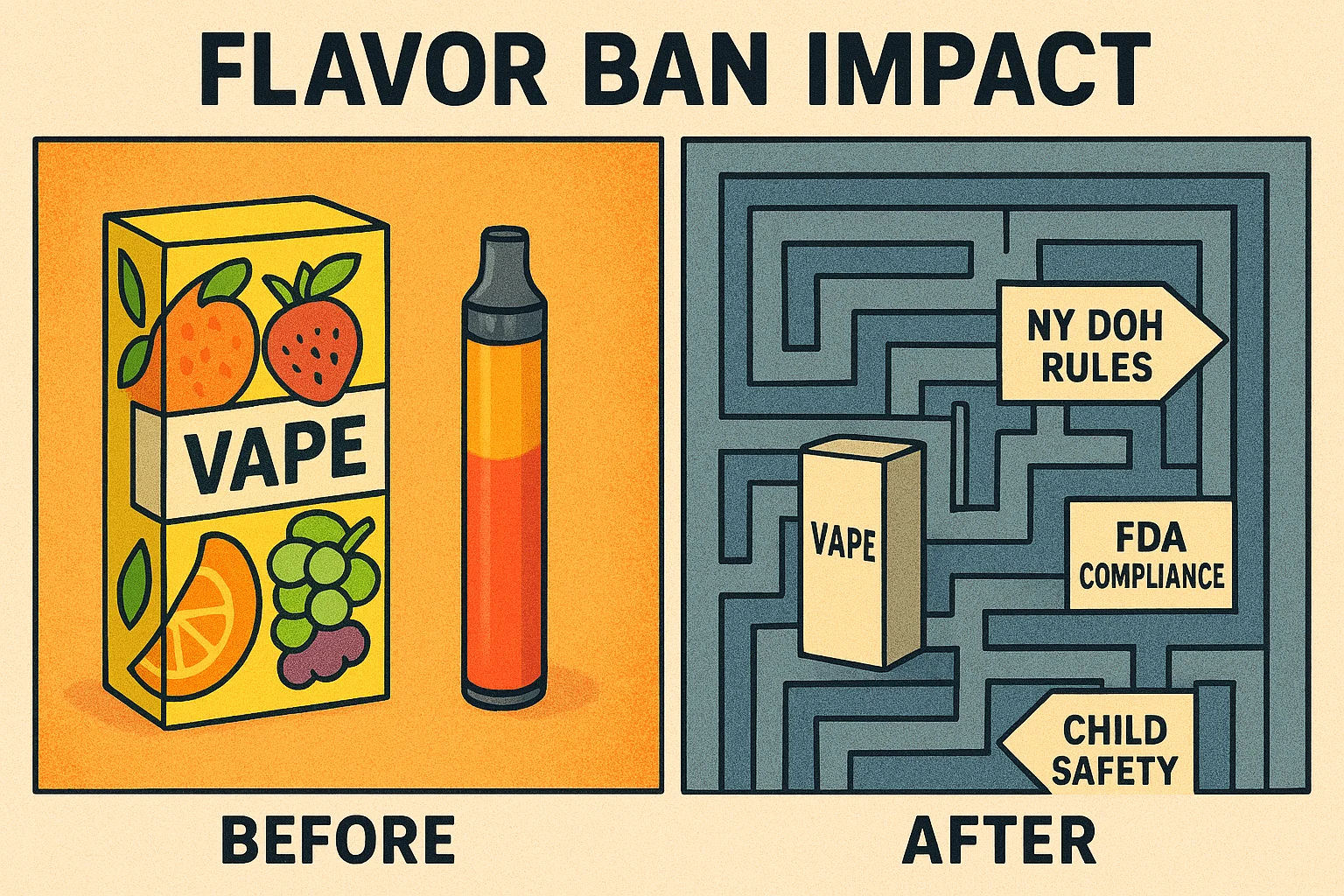 Side-by-side comparison of vape packaging: colorful pre-ban vs. plain post-NY flavor ban.