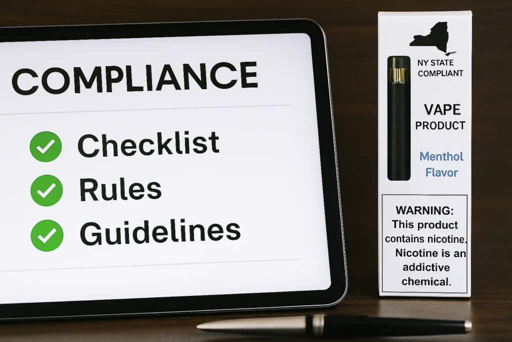 Compliant vape packaging showing NY nicotine warning label requirements and child-resistant icon.