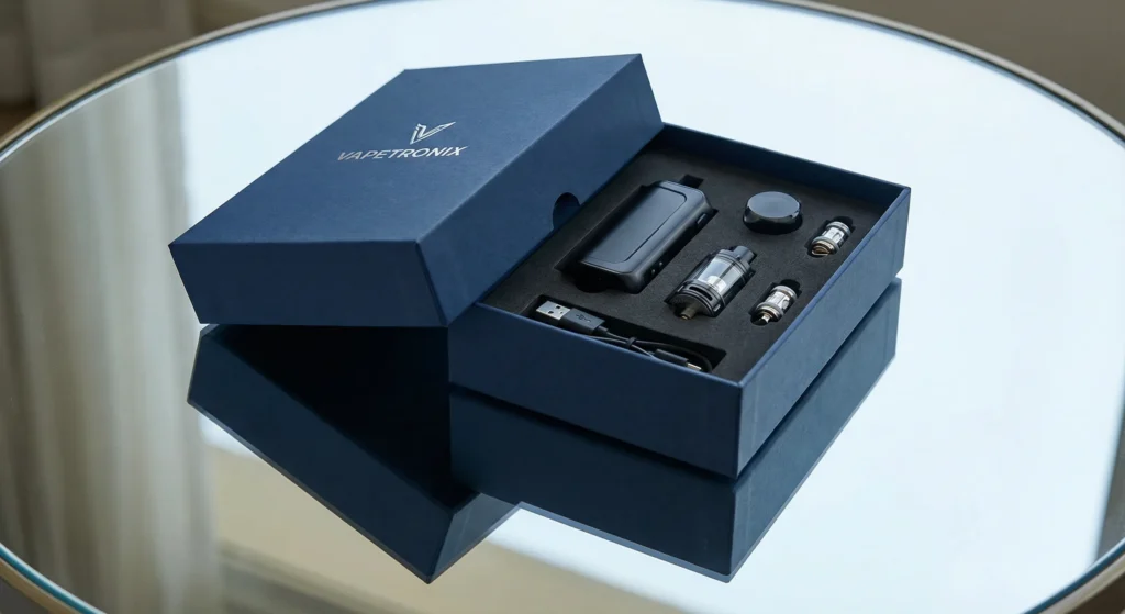 Open presentational vape boxes Jersey City style with custom foam inserts for cartridge protection.