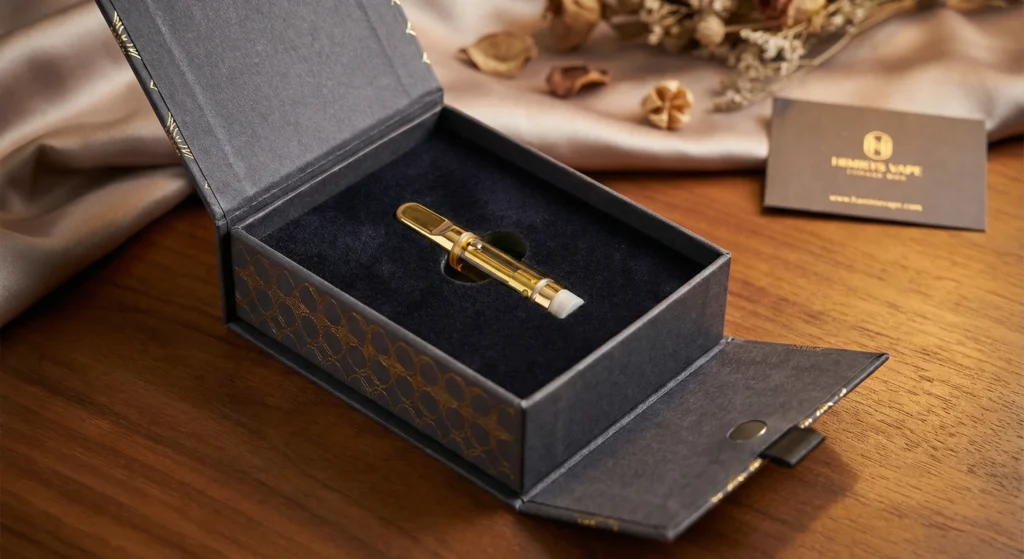 Sustainable vape packaging metallic ink Spot UV NY design using copper inks on green cardstock.