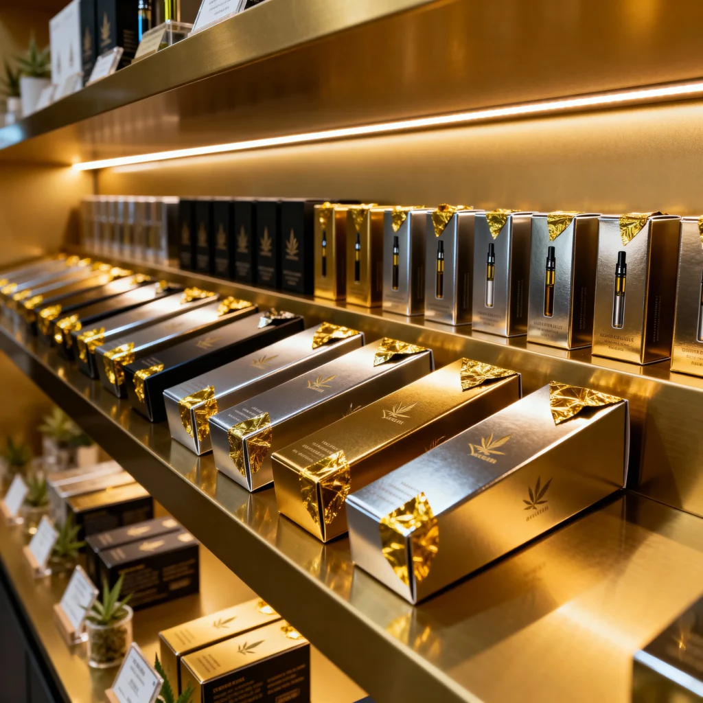 Holographic vape packaging metallic ink Spot UV NY on a colorful disposable vape pen box.