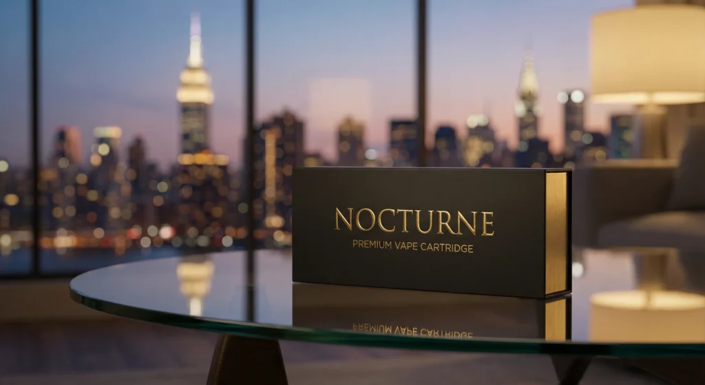 Premium vape packaging metallic ink Spot UV NY featuring embossed gold foil stamping on a black box.