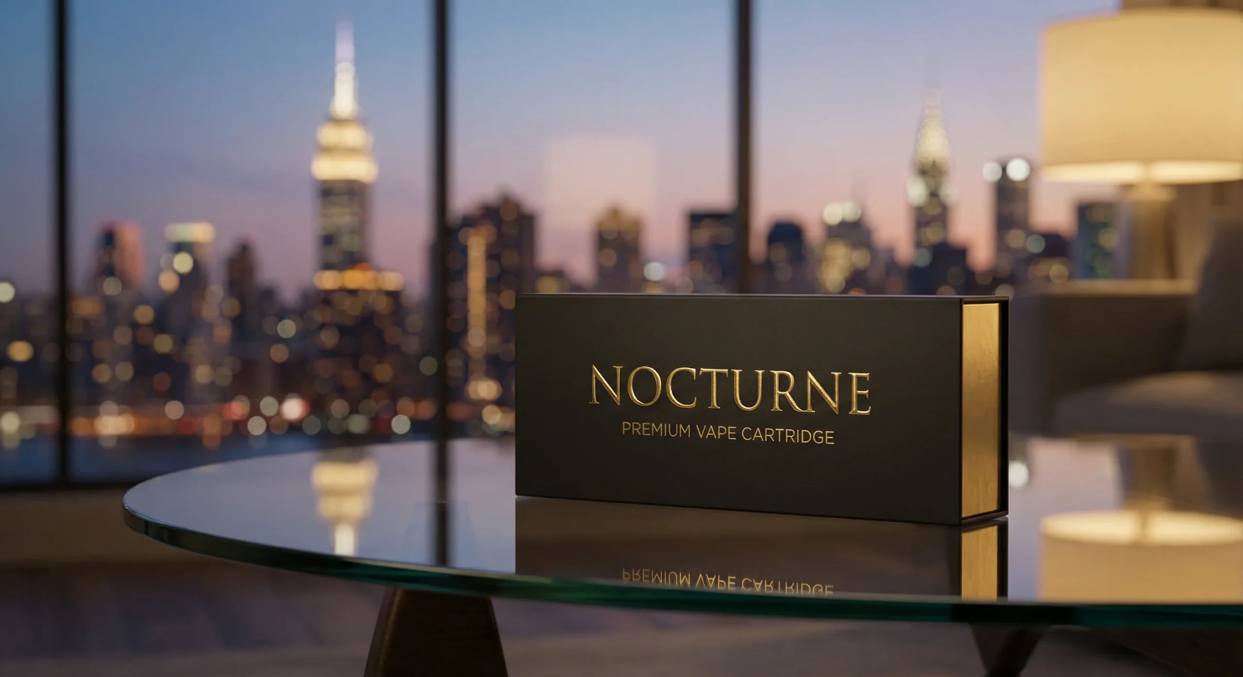 Premium vape packaging metallic ink Spot UV NY featuring embossed gold foil stamping on a black box.