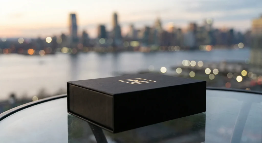 Luxury magnetic presentational vape boxes Jersey City skyline background for brand launch events.