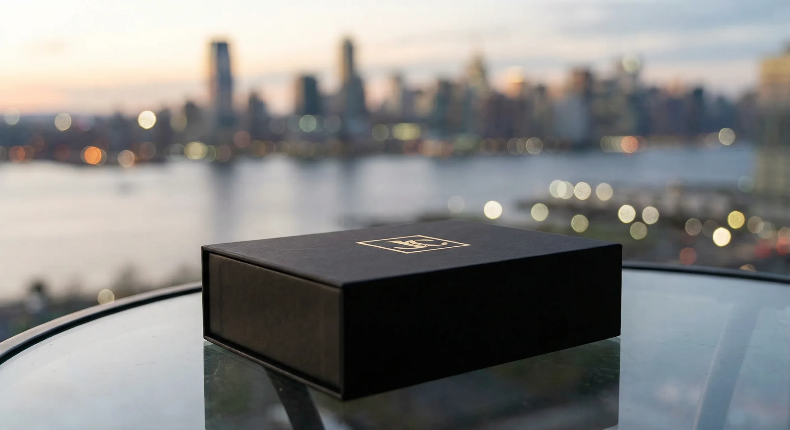 Luxury magnetic presentational vape boxes Jersey City skyline background for brand launch events.