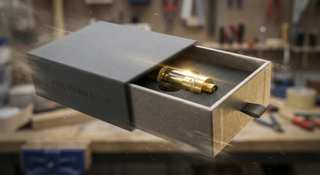 An open premium rigid vape box revealing a protective foam insert holding a 510 thread battery and cartridge securely.