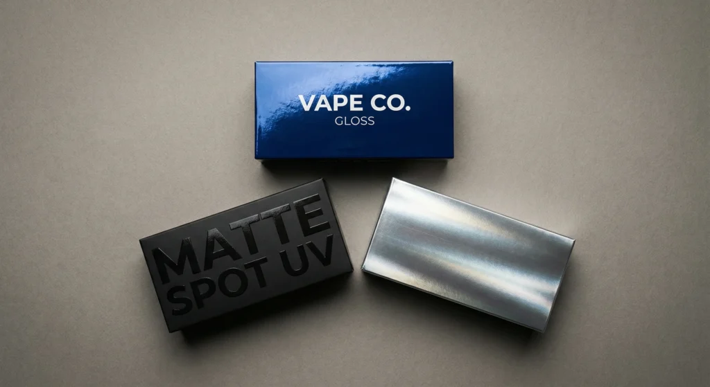 Macro view of raised vape packaging metallic ink Spot UV NY texture on a bright blue tuck end box.