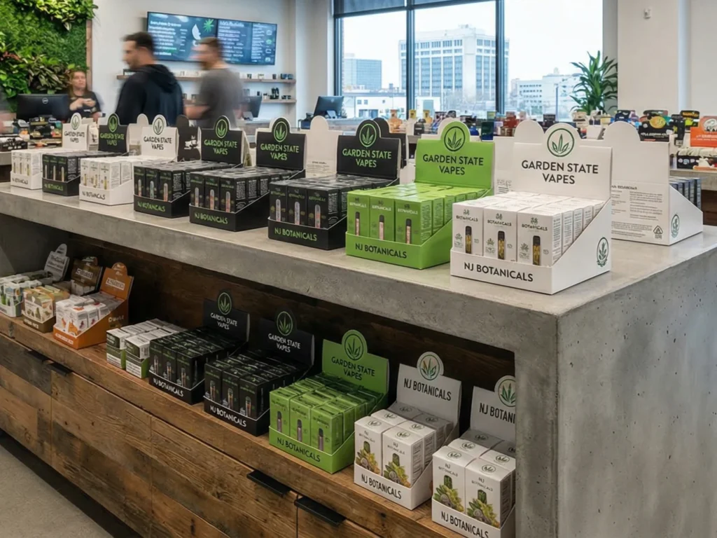 A sturdy cardboard countertop display filled with custom cartridge packaging sitting on a dispensary counter in New Jersey.