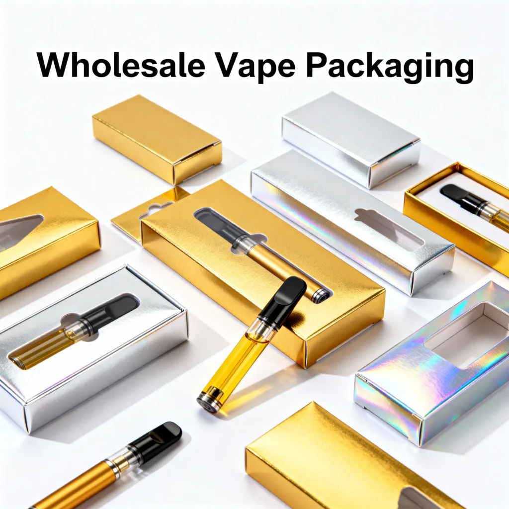 Assortment of vape packaging metallic ink Spot UV NY boxes with silver foil accents and metallic finishes.