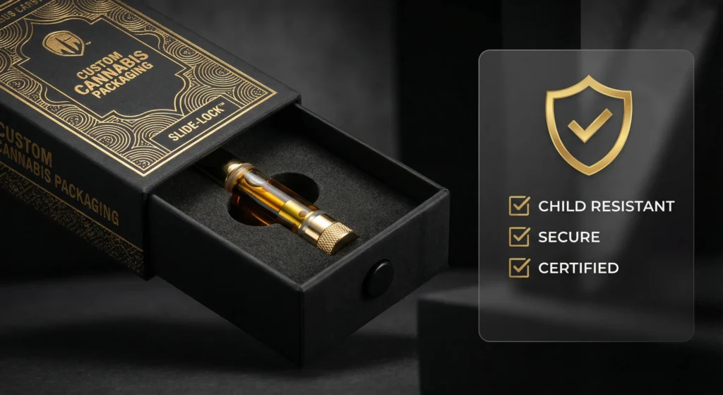 Child-resistant certified vape packaging with slide-lock mechanism and custom EVA foam inserts.