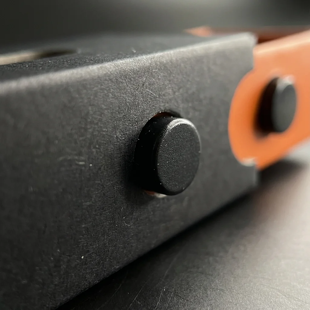 Close-up macro shot of a child-resistant locking button on the side of a vape cartridge box.