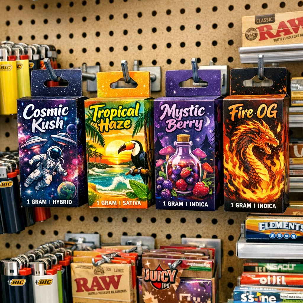 A retail display of colorful custom vape cartridge packaging with thematic illustrations like astronauts, toucans, and dragons.