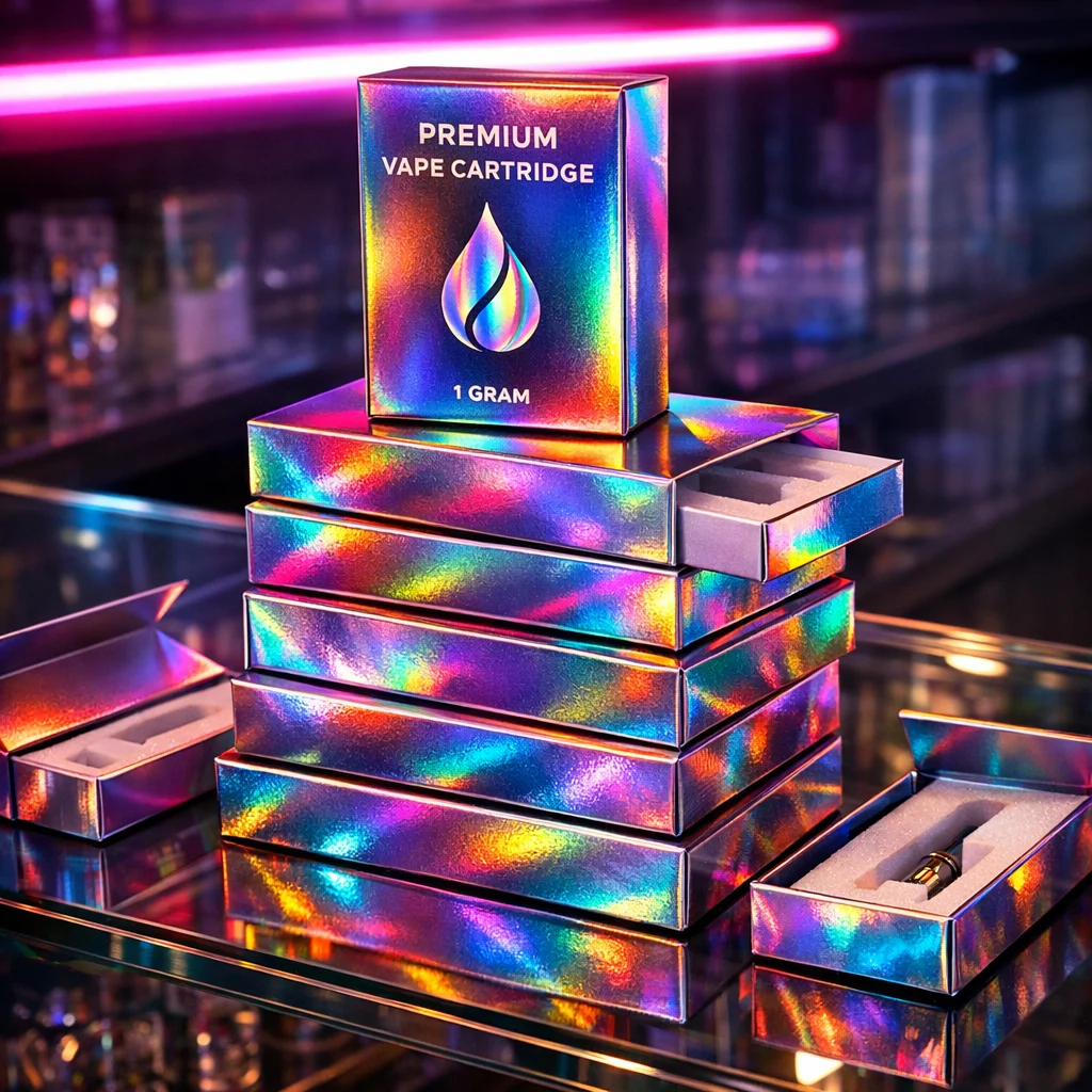 A stack of holographic custom vape cartridge packaging boxes with a vibrant rainbow finish and 1-gram labels.