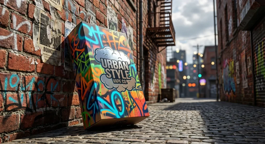 A matte black rigid box with gold foil featuring luxury vape packaging unboxing NYC style against a city skyline.