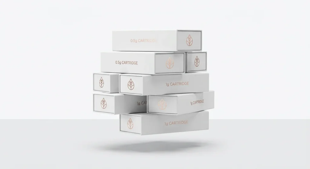 A clean stack of minimalist white custom vape cartridge packaging boxes with rose gold foil accents.