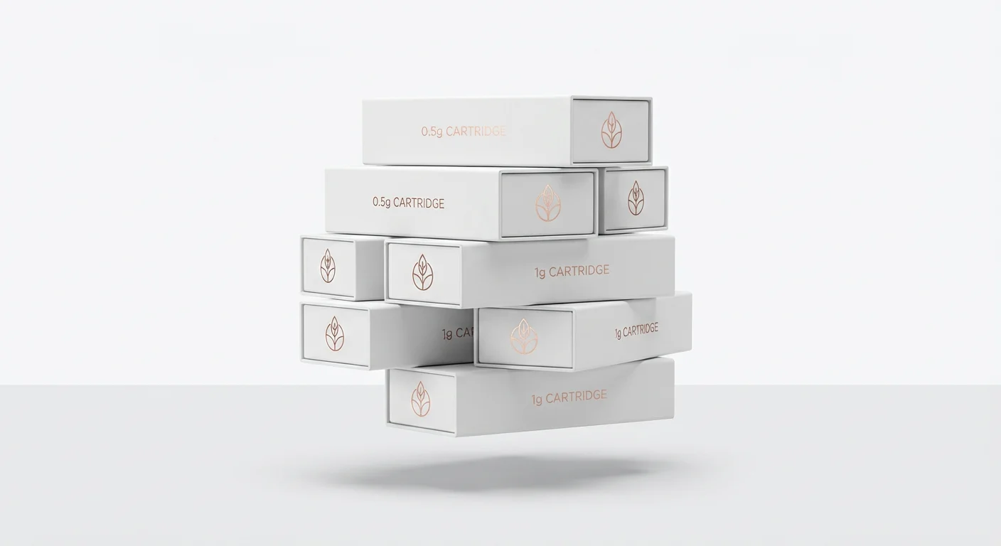 A clean stack of minimalist white custom vape cartridge packaging boxes with rose gold foil accents.