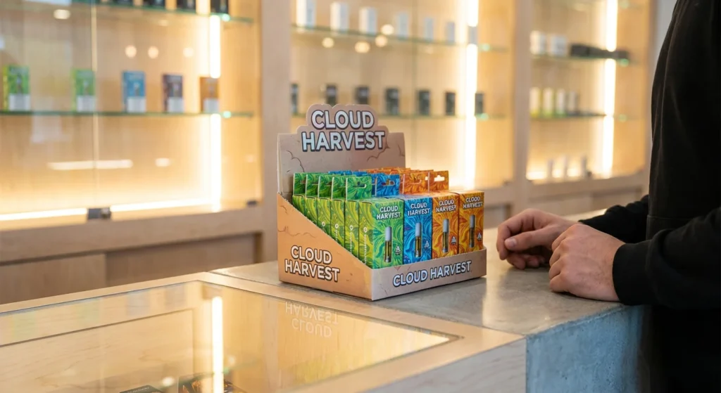 Point of Purchase (POP) vape display box filled with colorful cartridge packaging on a retail counter.