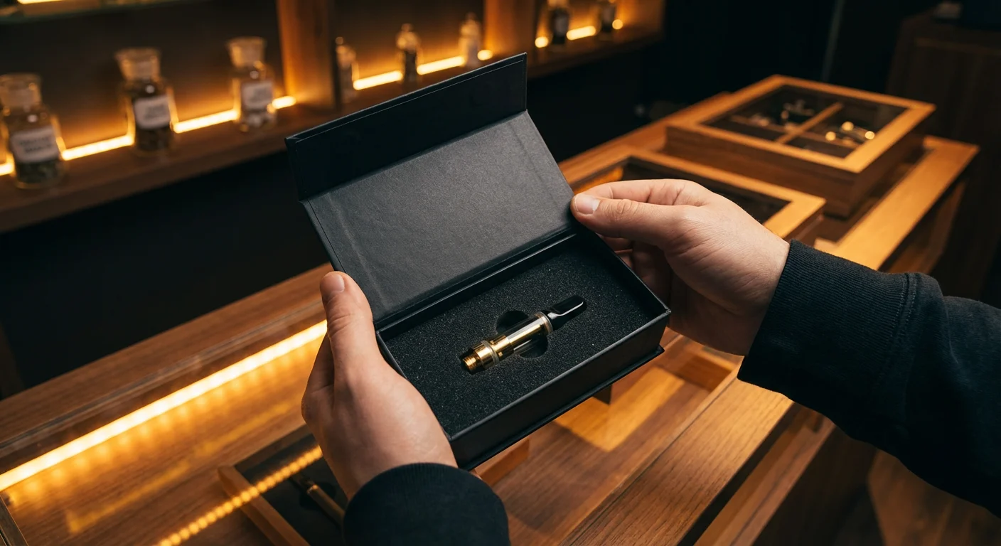 A first-person view of a luxury vape packaging unboxing NYC experience revealing a 510 cartridge.