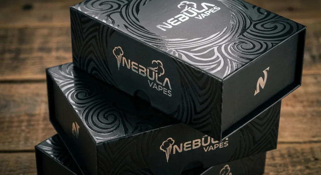 Premium rigid drawer boxes for vapes featuring spot UV patterns and silver foil stamped branding.